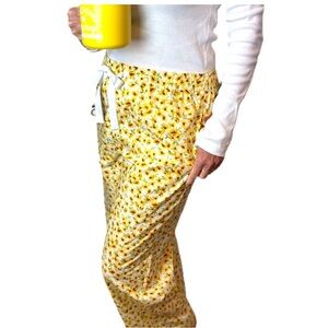 Cotton Yellow Daisy Pajama Pants with piping accents ribbon tie Springtime